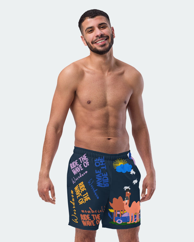 <h3><strong>Recycled RIDE THE WAVE OF WEIRDNESS Swim Trunks</strong></h3>